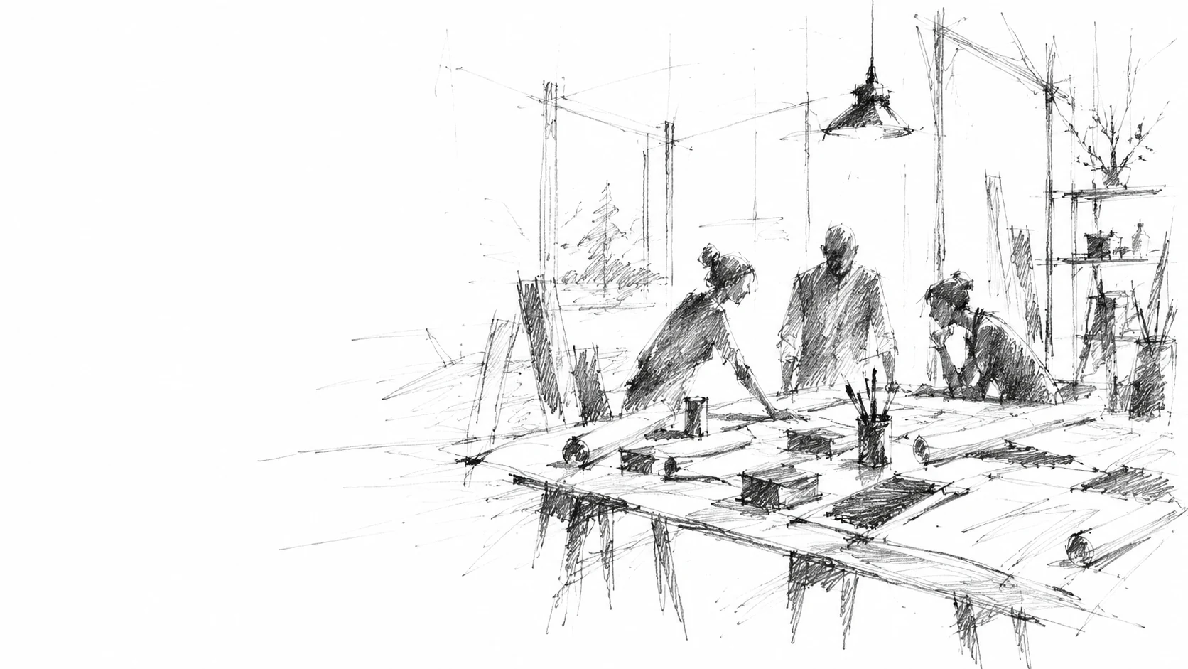 Graphitzeichnung eines Teams, das gemeinsam an einem Projekttisch arbeitet