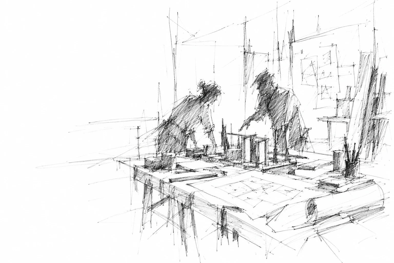 Graphitzeichnung mehrerer Menschen bei gemeinsamer Planung an einem Tisch
